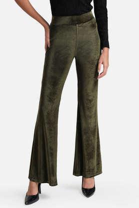 high rise velvet flare fit women's trouser - olive