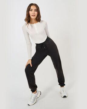 high-rise washed joggers with drawstring waist