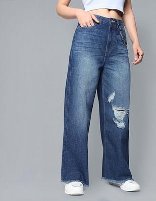 high rise wide leg distressed jeans