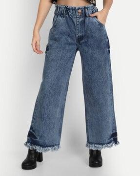 high-rise wide leg jeans with fringed hem