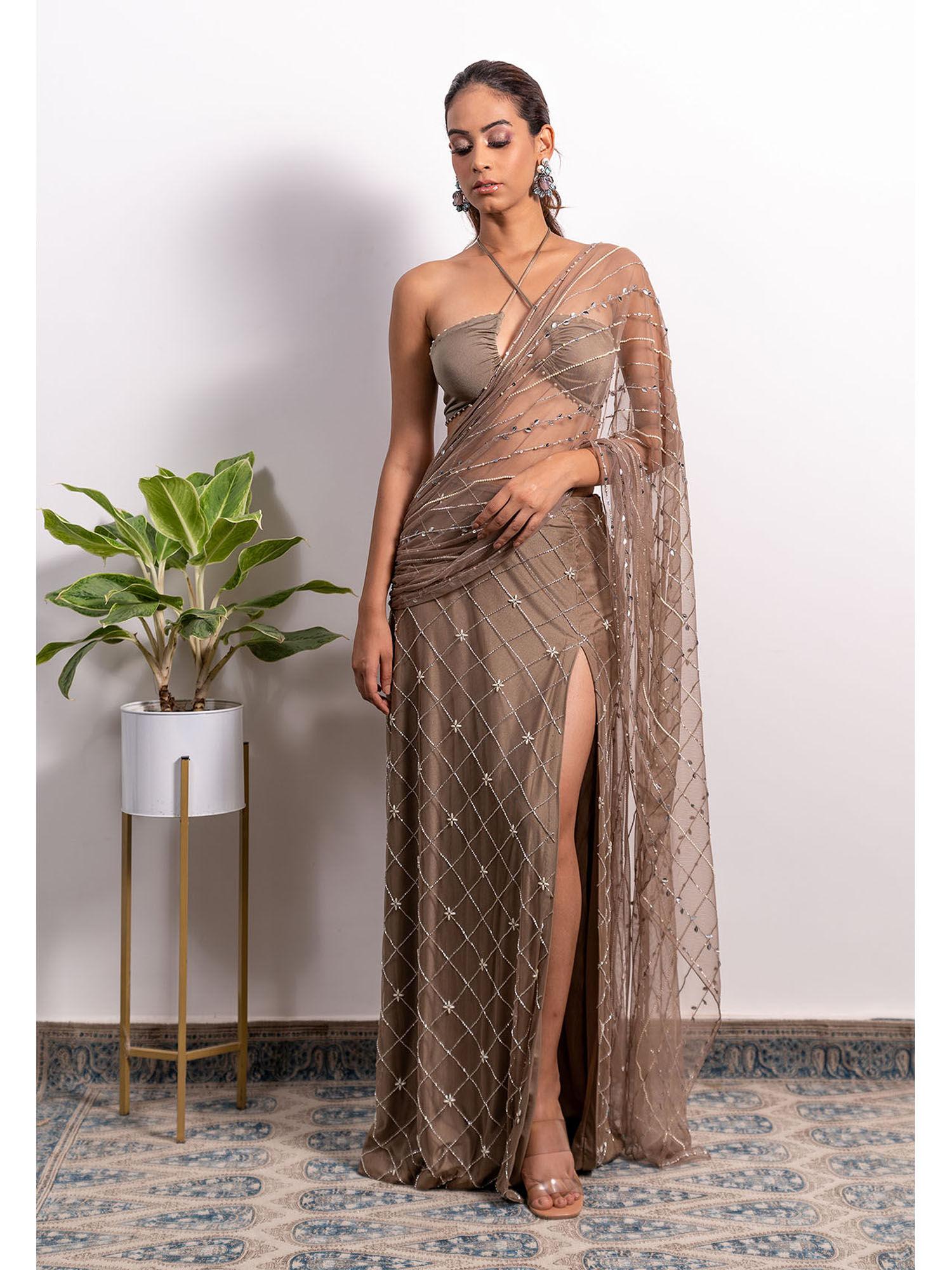 high slit fusion saree with stitched blouse