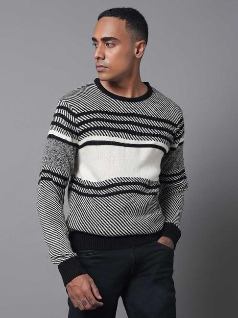 high star black & white regular fit striped sweater