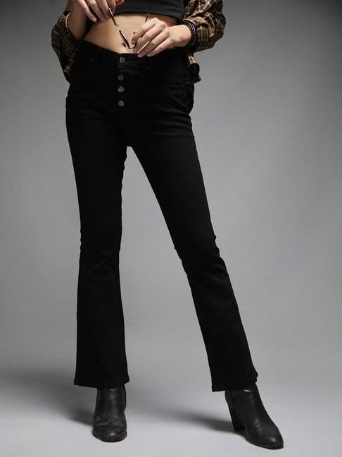 high star black cotton flared fit high rise bootcut jeans