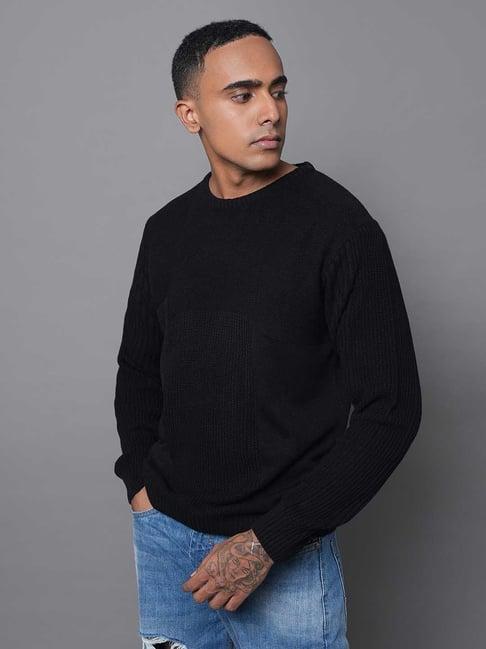 high star black regular fit self design sweater