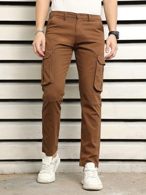 high star brown cotton regular fit mid-rise trousers