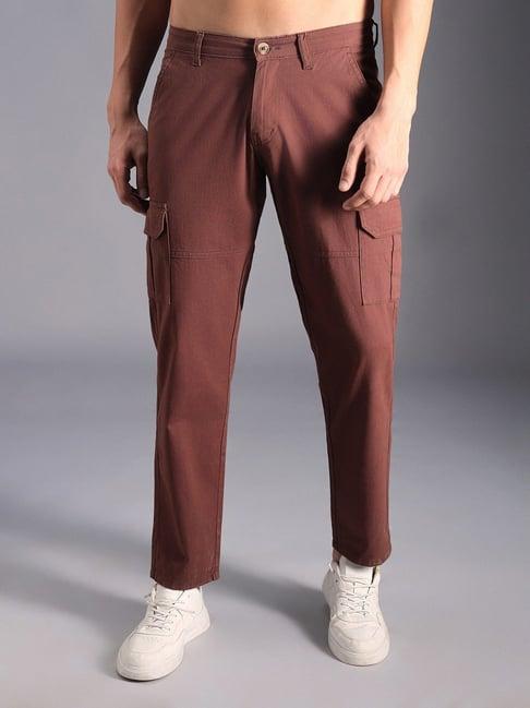 high star brown cotton regular fit mid-rise trousers