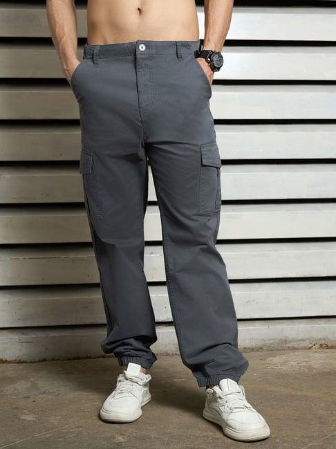 high star charcoal cotton regular fit mid-rise trousers