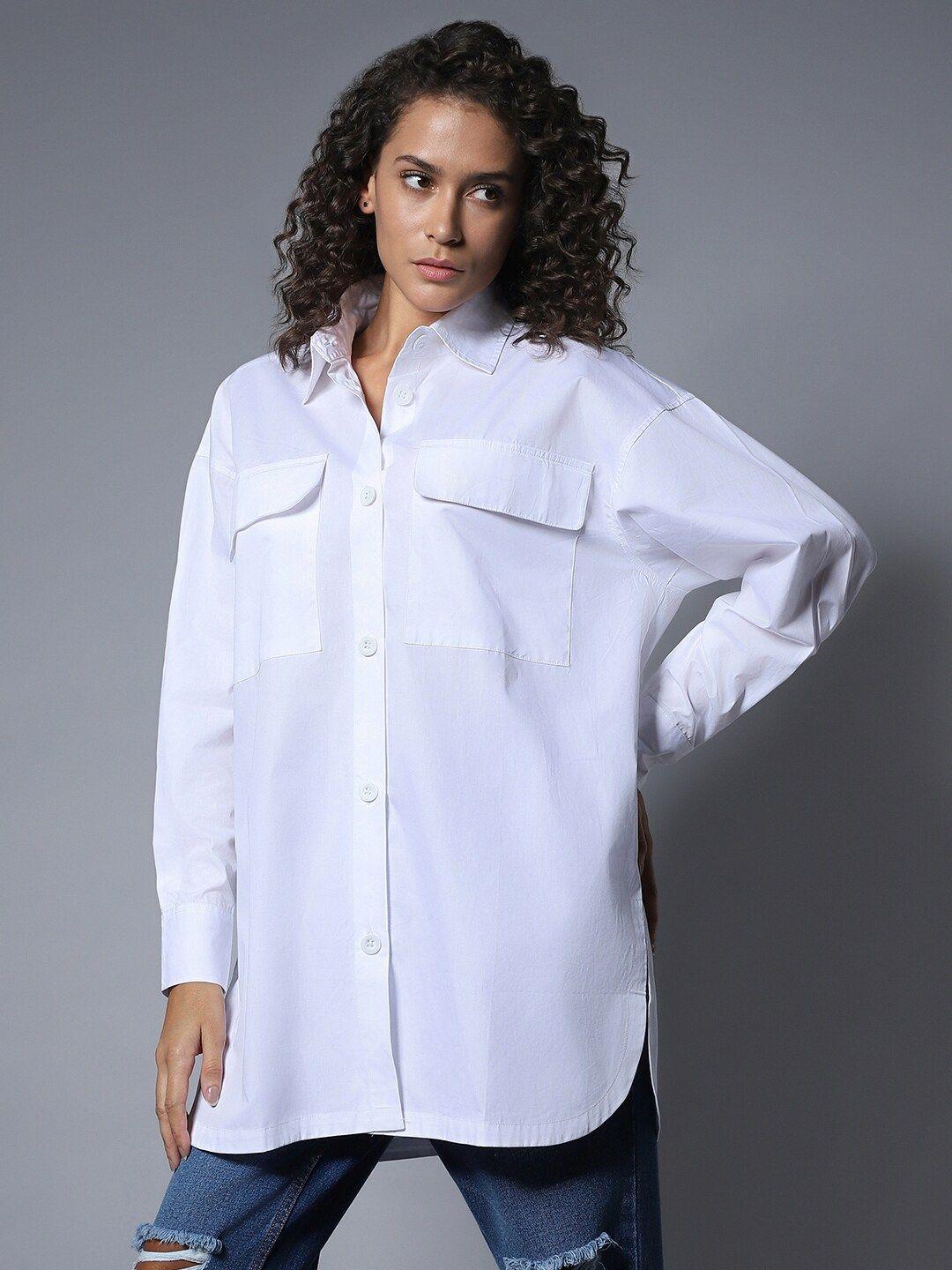 high star cotton spread collar long sleeves solid oversized longline shirt