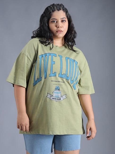 high star green cotton graphic print oversized t-shirt