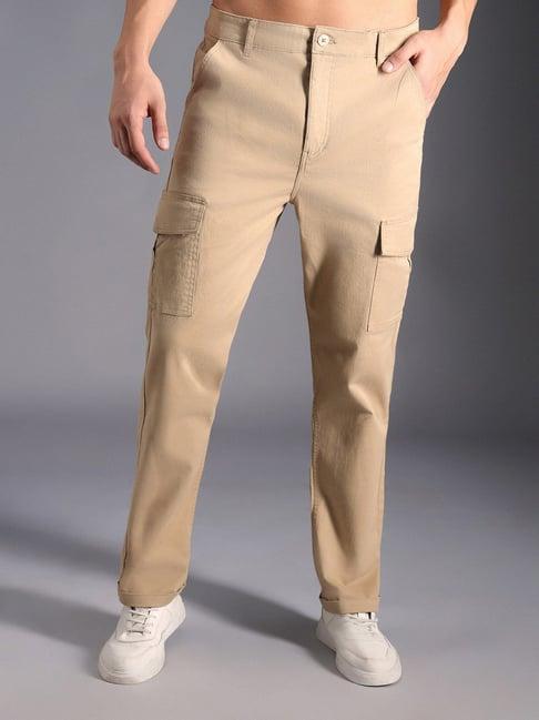 high star khaki cotton regular fit mid-rise trousers