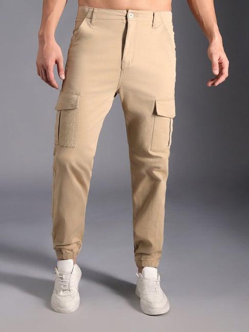 high star khaki cotton regular fit mid-rise trousers