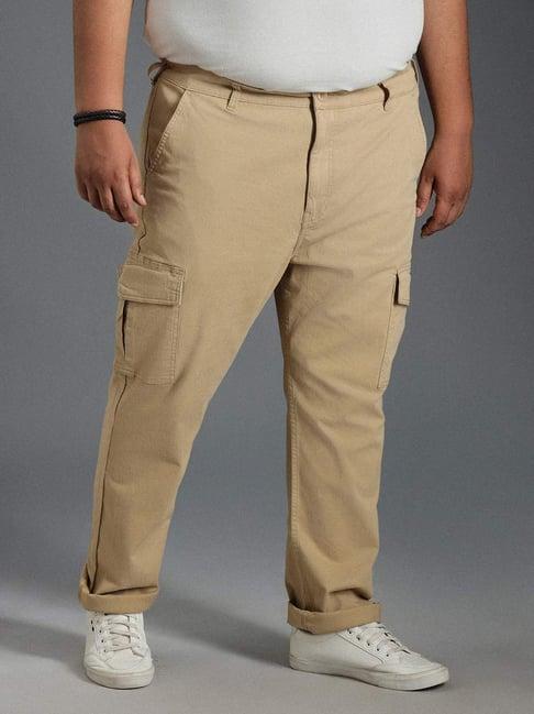 high star khaki cotton straight fit mid-rise trousers