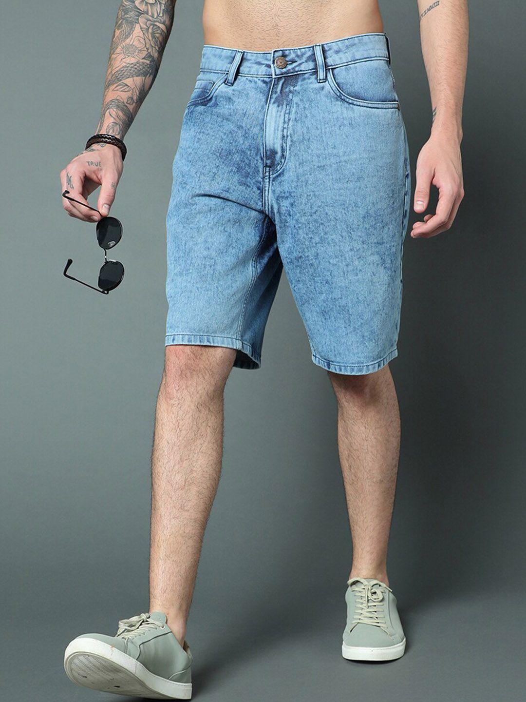 high star men mid-rise washed loose fit pure cotton denim shorts