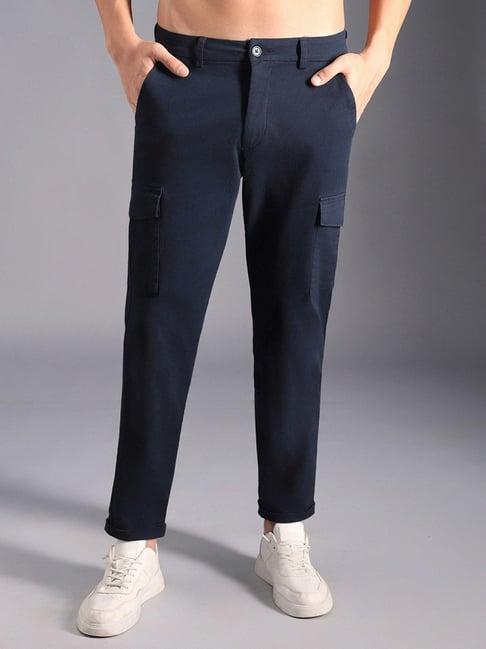 high star navy blue cotton regular fit mid-rise trousers