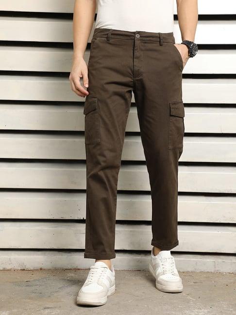 high star olive cotton slim fit mid-rise trousers