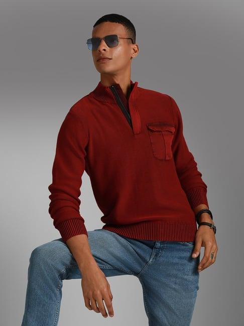 high star red cotton regular fit self pattern sweater