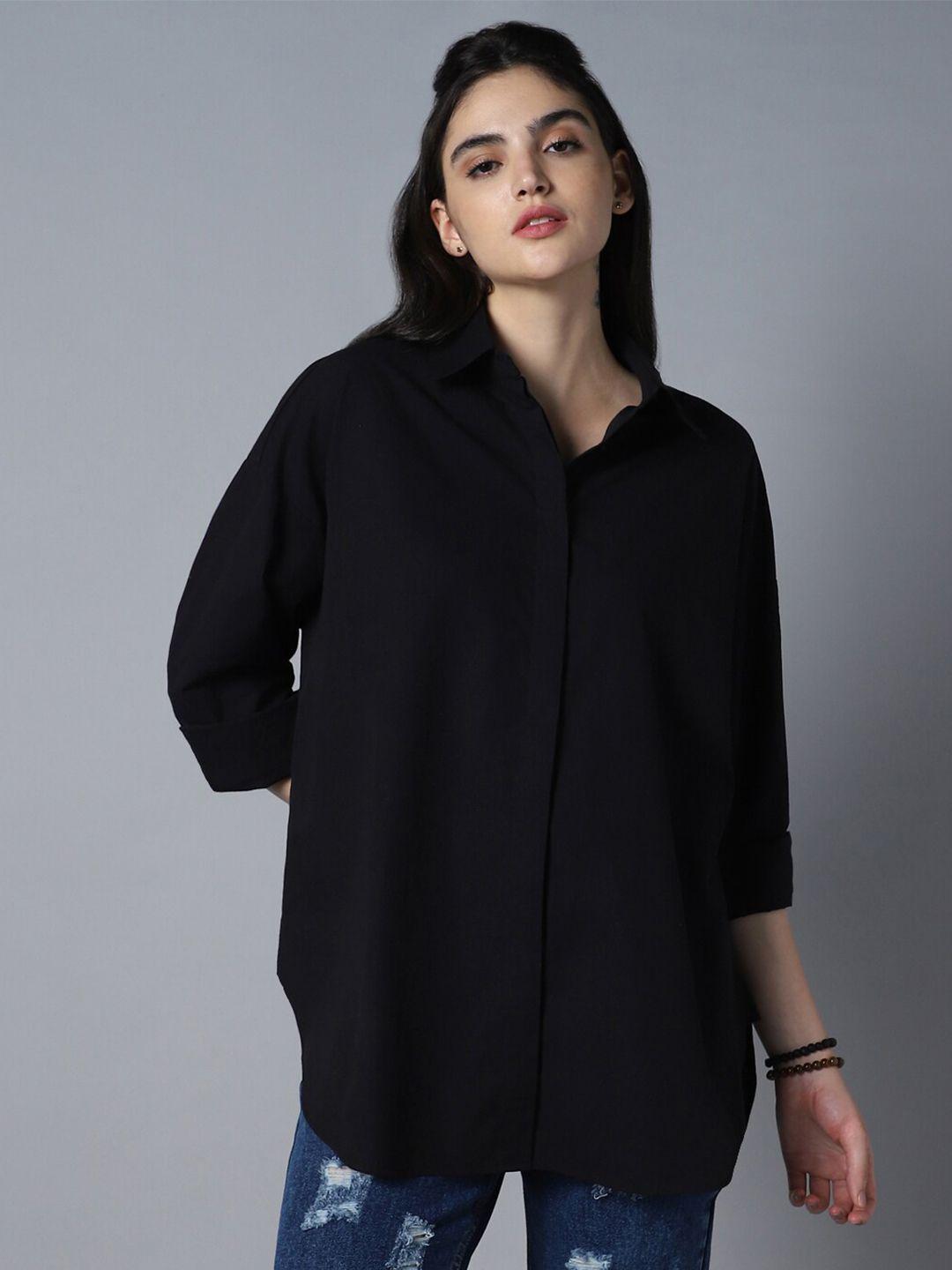 high star relaxed oversized spread collar long sleeve cotton longline casual shirt