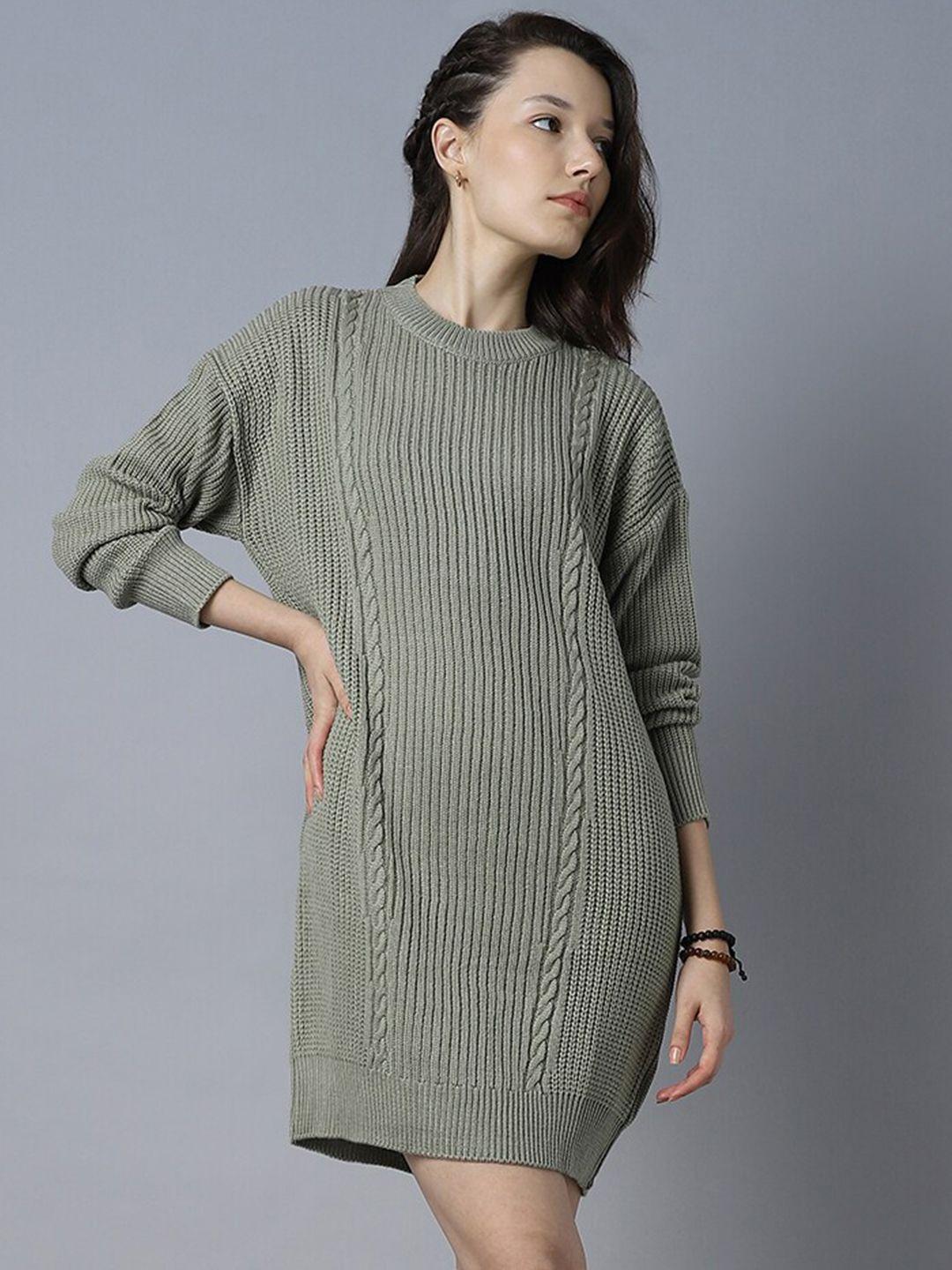 high star self design round neck long sleeve acrylic a-line dress