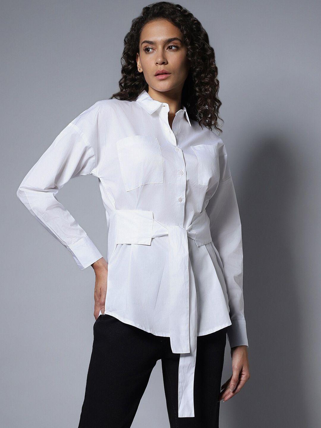 high star solid cotton spread collar long sleeves boxy longline shirt