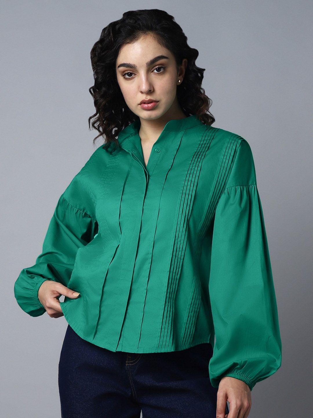 high star spread collar puff sleeves pleated shirt style top