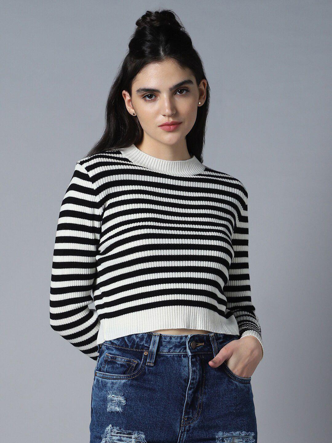 high star striped round neck long sleeve acrylic crop pullover sweaters