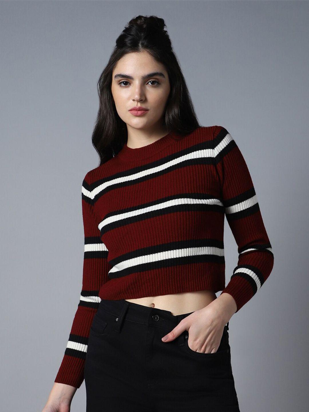 high star striped round neck long sleeve acrylic crop pullover sweaters