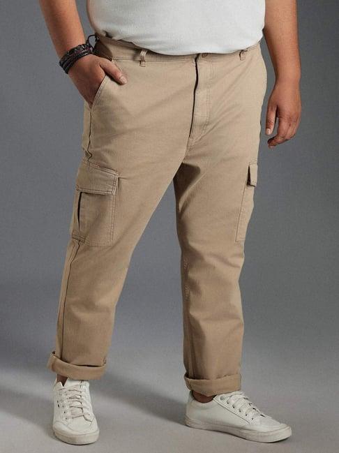 high star taupe cotton straight fit mid-rise trousers