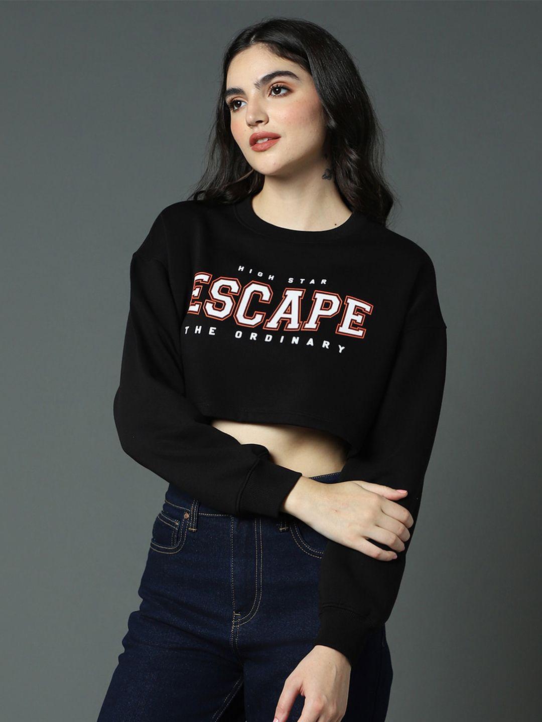 high star typography printed full sleeves crop sweatshirt