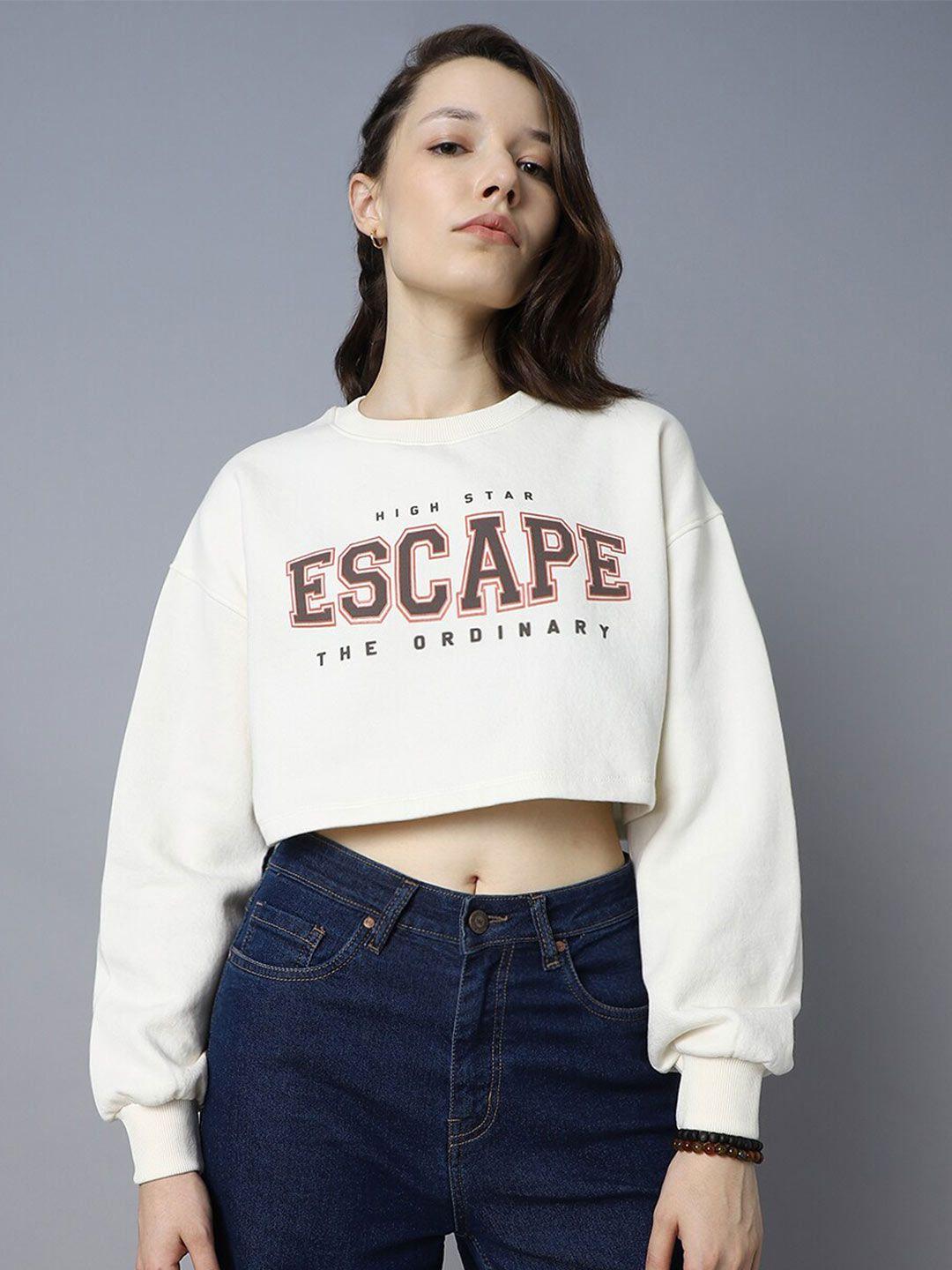 high star typography printed round neck long sleeve pullover crop sweatshirt