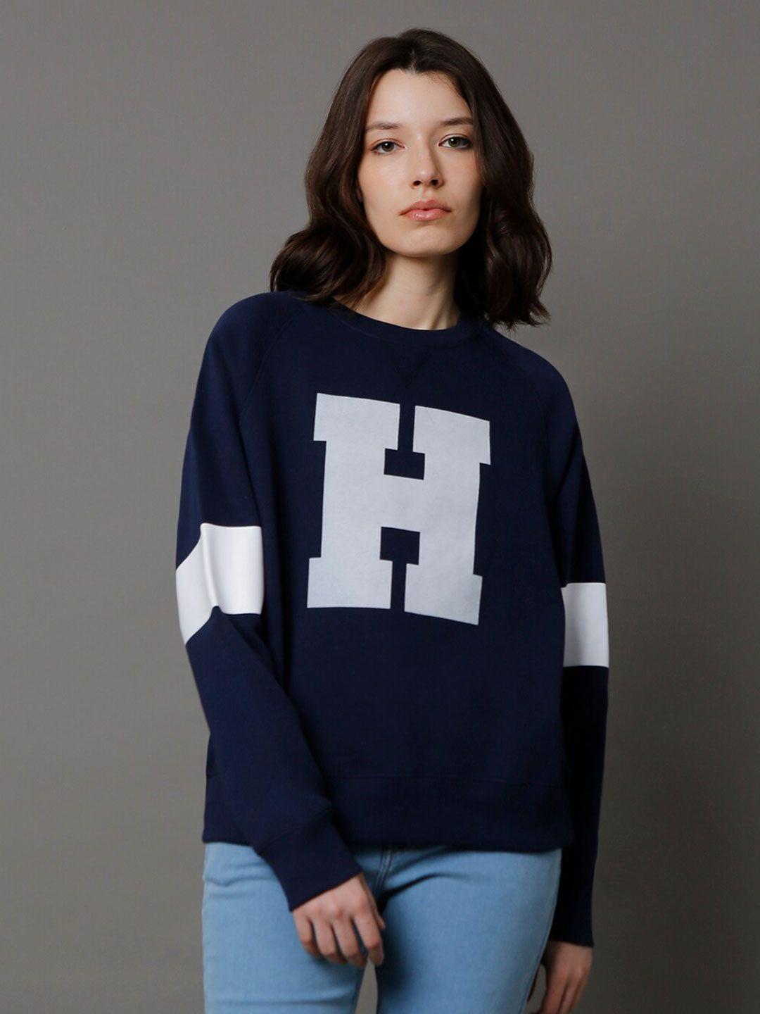 high star typography printed round neck long sleeve pullover sweatshirt