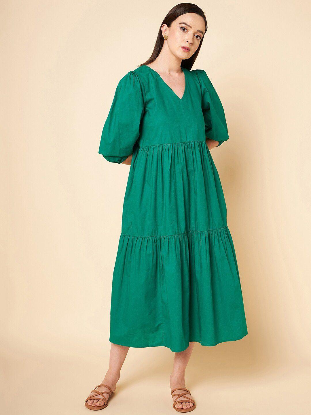 high star v-neck puff sleeve tiered pure cotton a-line midi dress