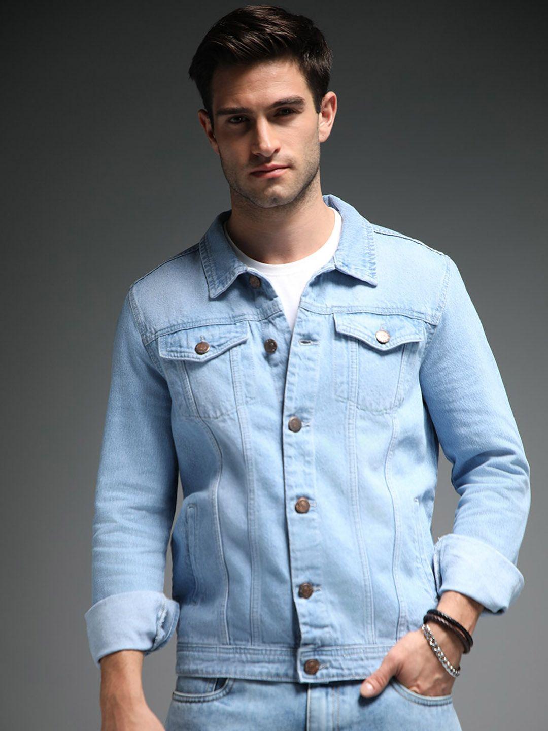 high star washed spread collar long sleeves cotton denim jacket