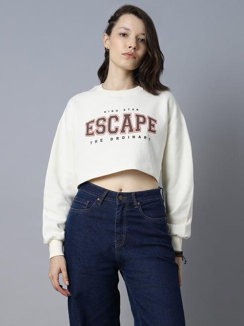 high star white cotton graphic print crop sweatshirt