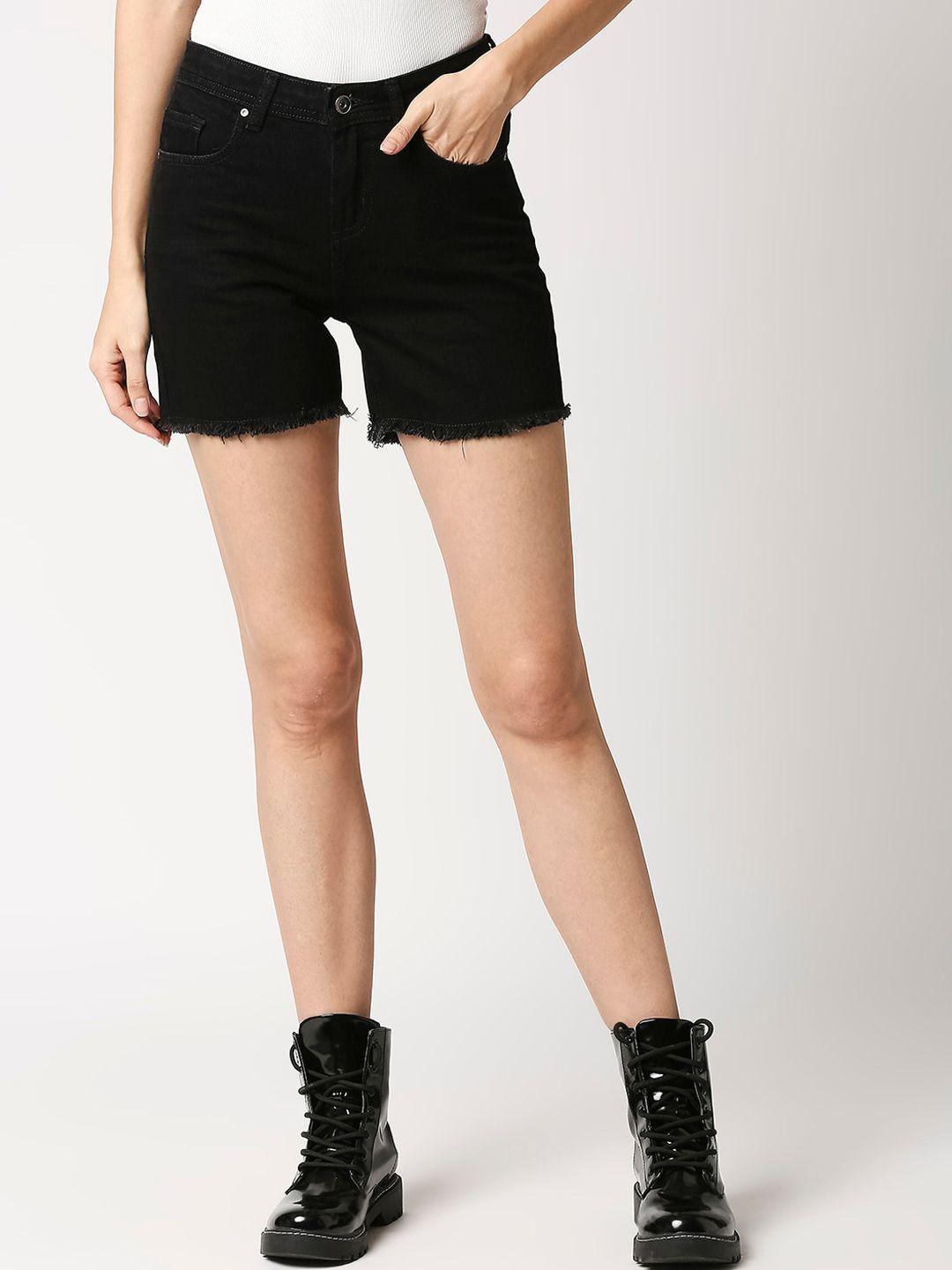 high star women black mid-rise denim shorts