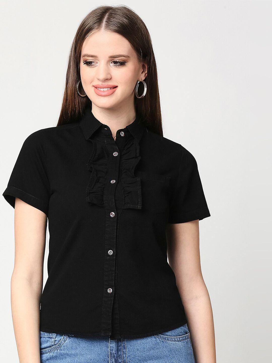high star women black ruffles denim shirt style top