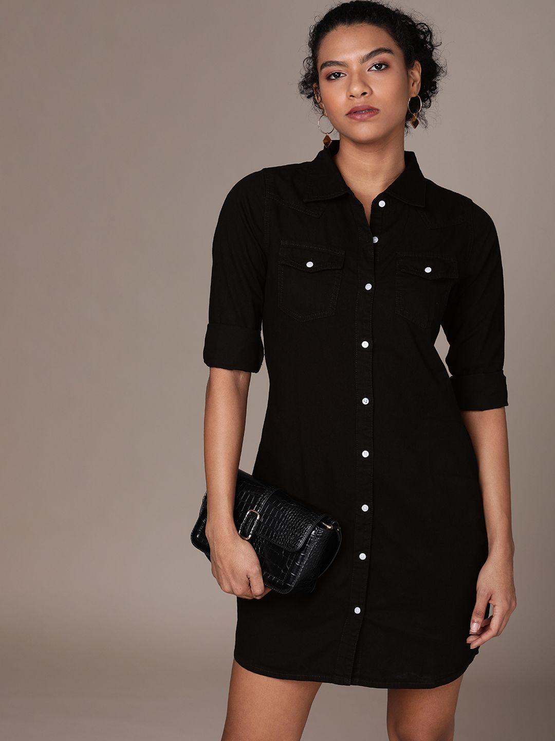 high star women black solid shirt dress