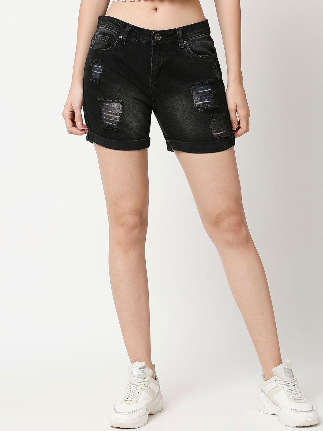 high star women black washed distresses mid-rise denim shorts