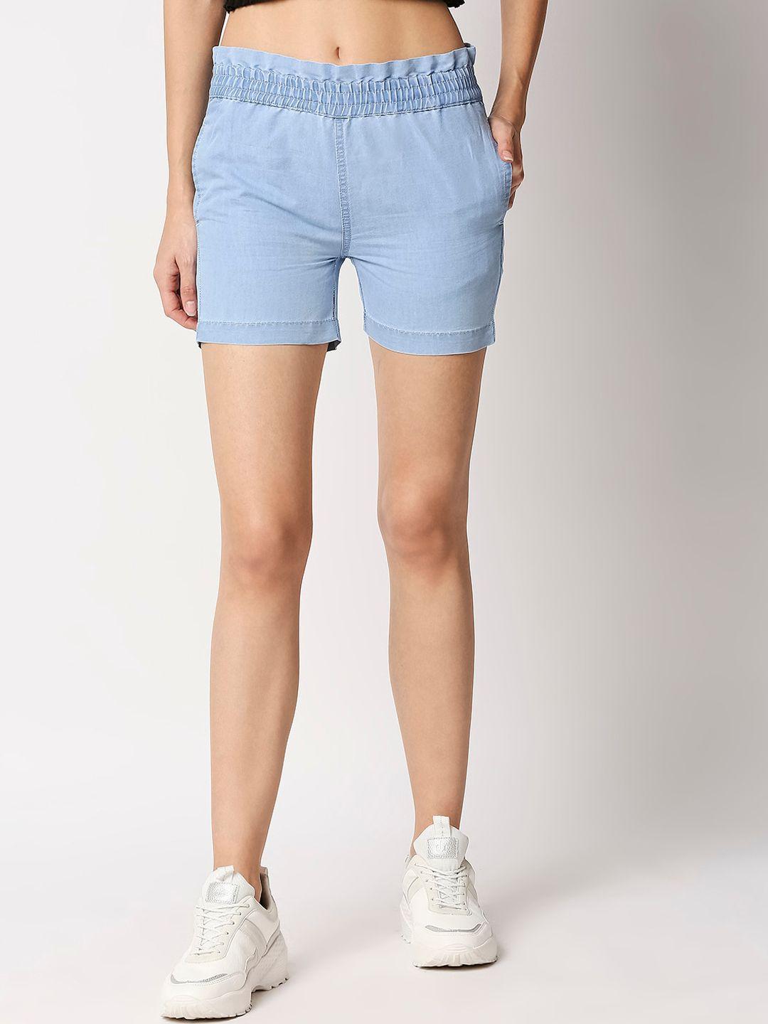 high star women blue solid slim fit denim shorts