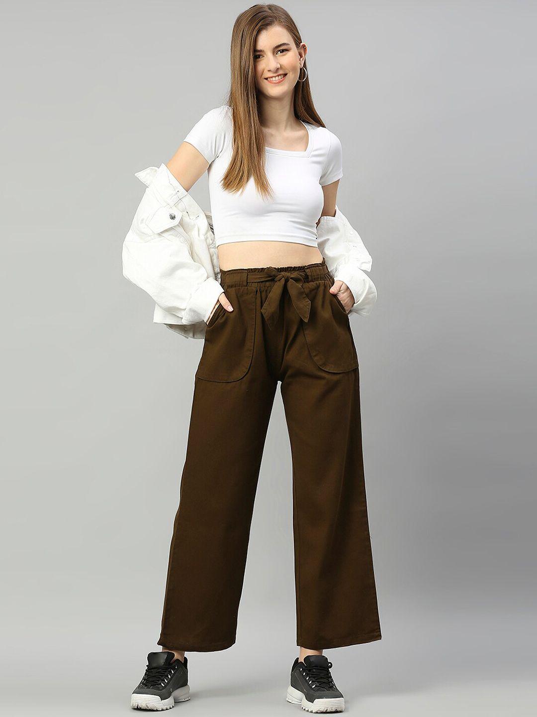 high star women brown pure cotton flared high-rise trouser