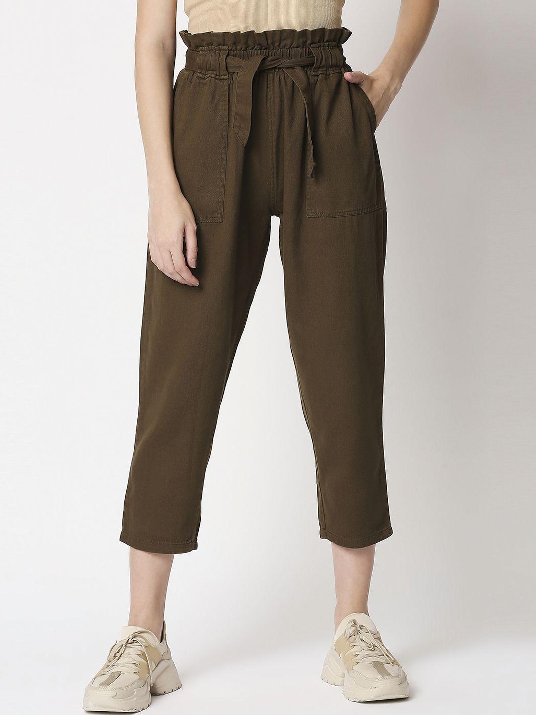 high star women brown straight fit high-rise pleated trousers