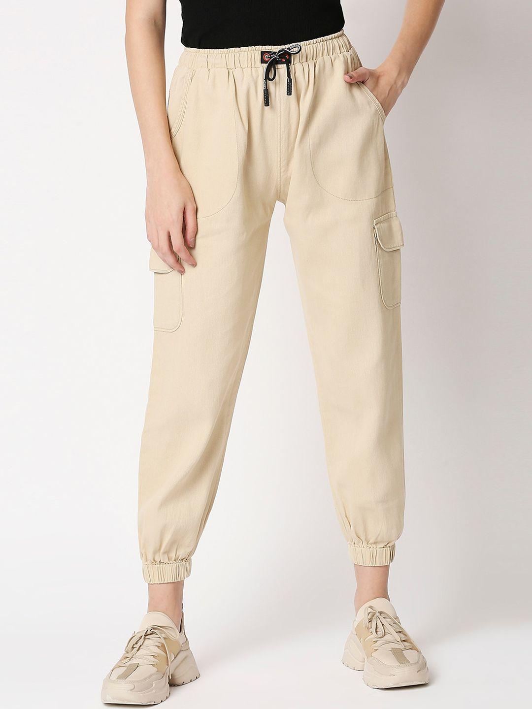 high star women cream-coloured jogger high-rise low distress jeans