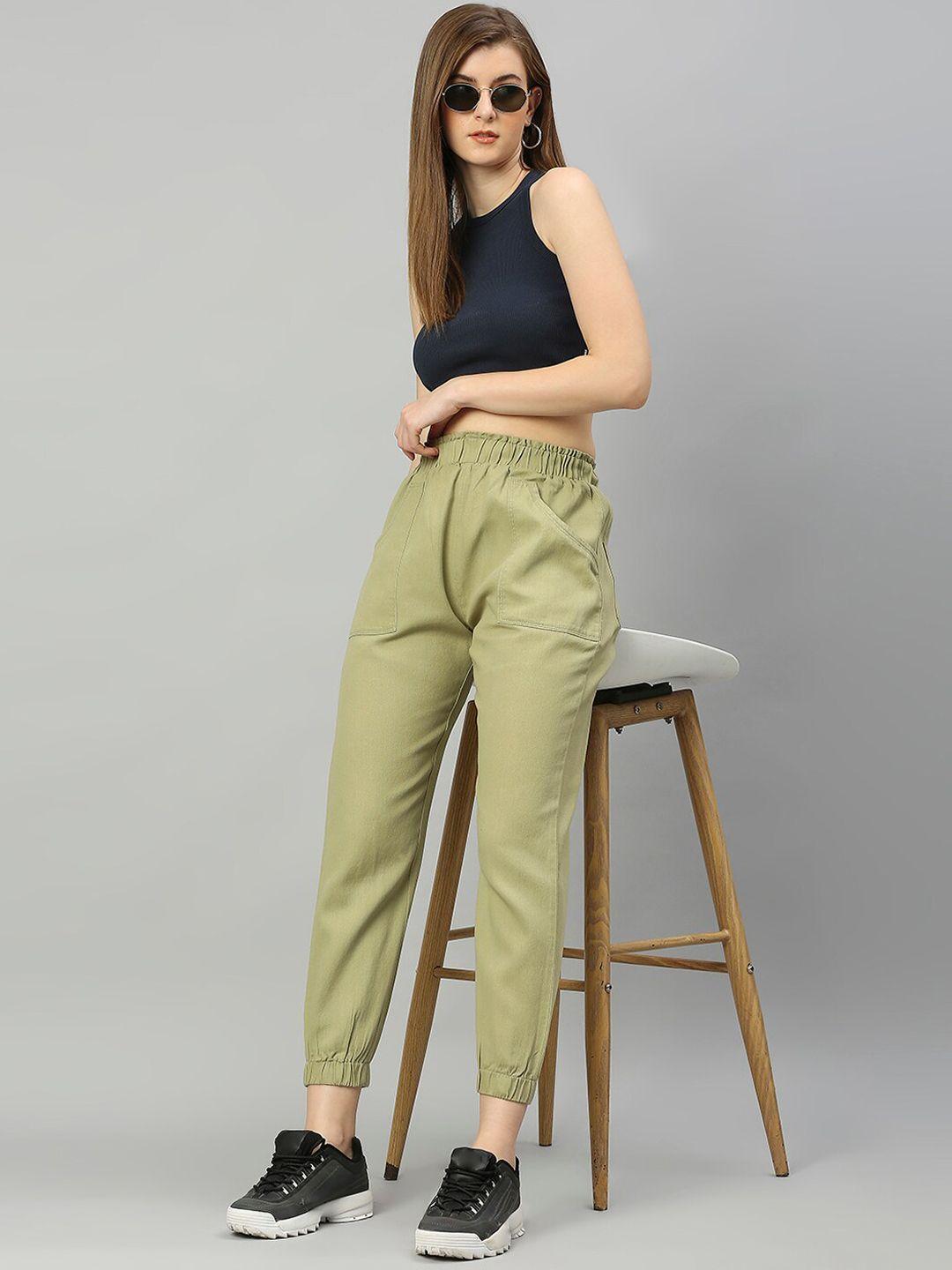 high star women green pure cotton tapered fit high-rise joggers