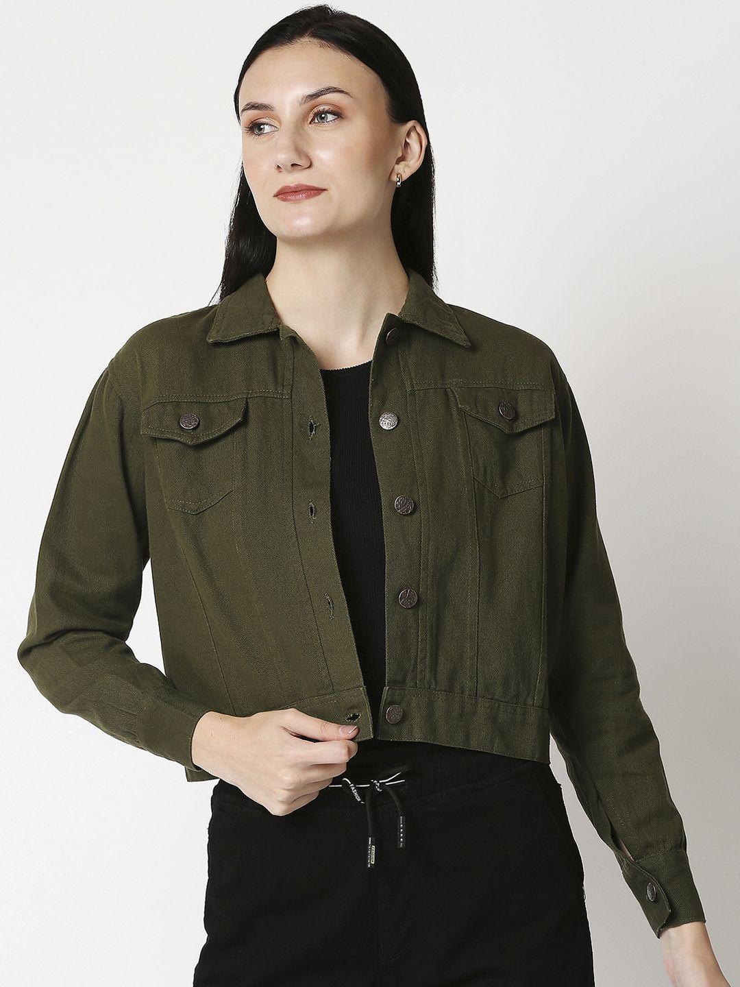 high star women green striped lightweight crop tailored jacket with embroidered