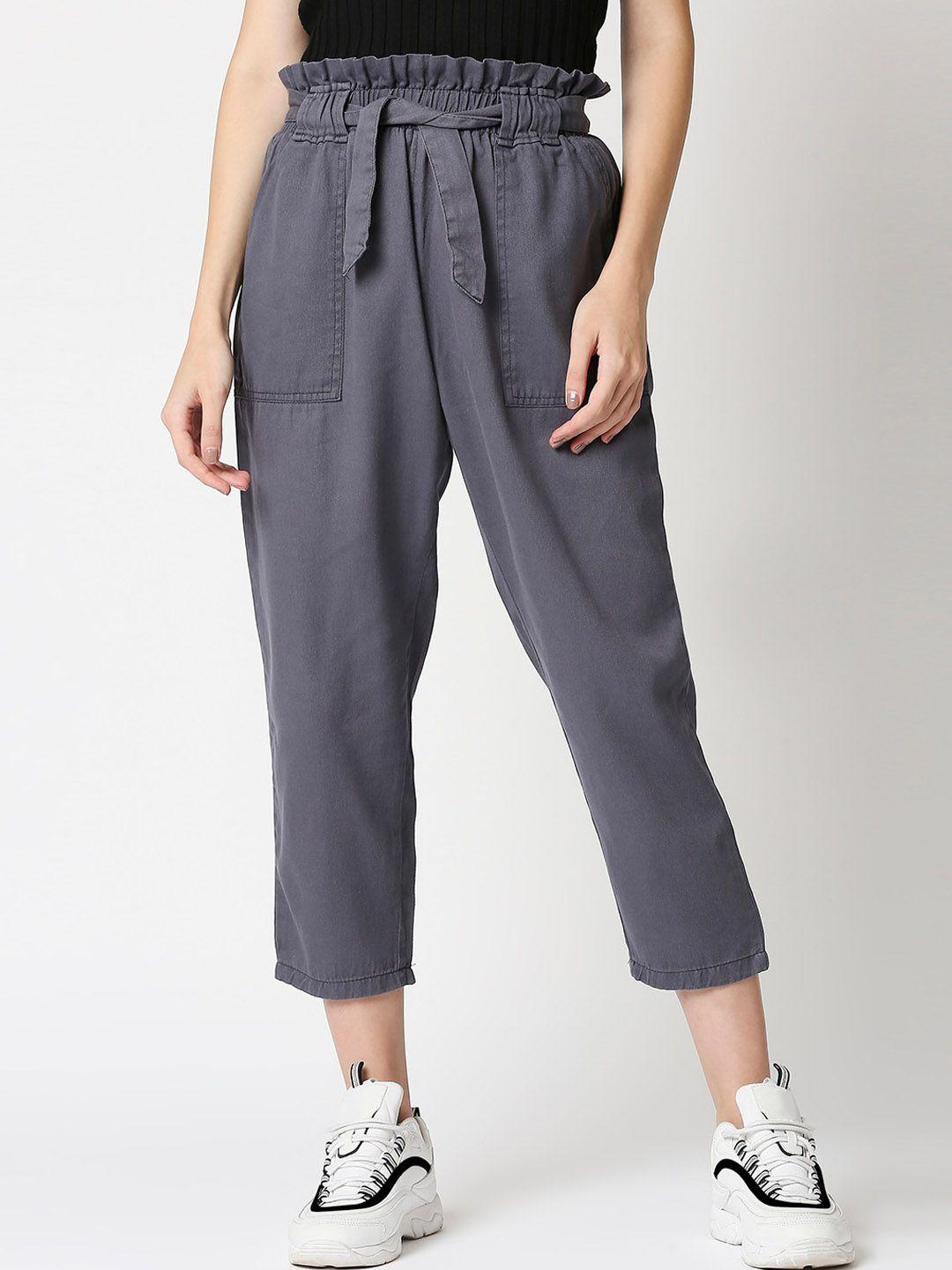 high star women grey straight fit high-rise pleated trousers