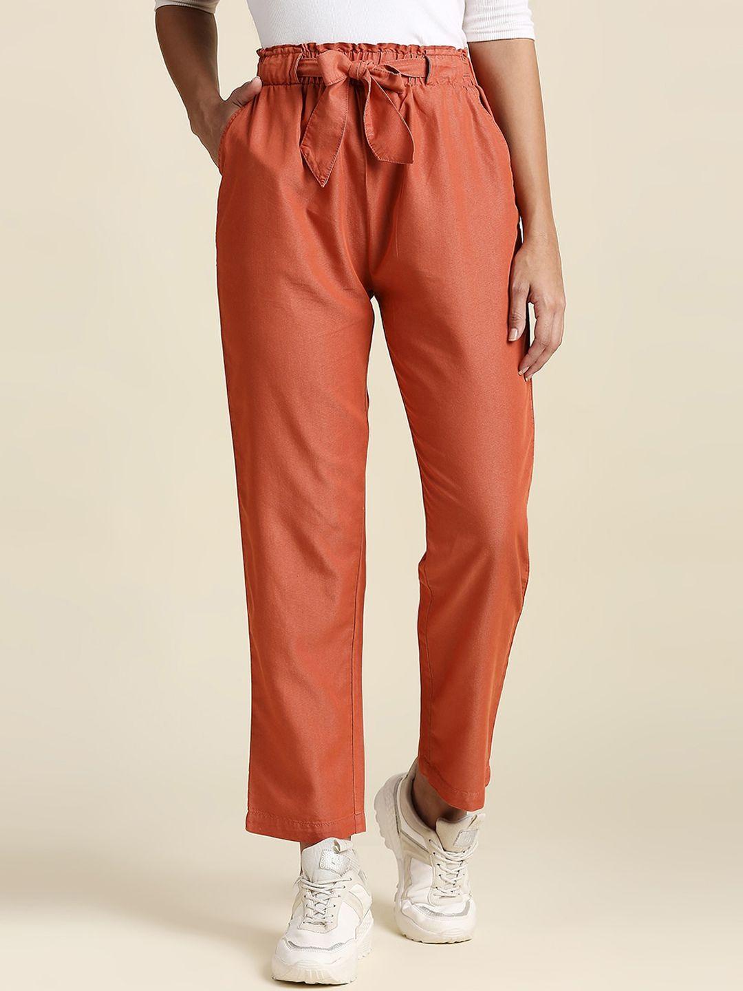 high star women orange straight fit high-rise pleated trousers