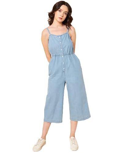 high star women pure cotton strappy denim jumpsuit (light blue, m)