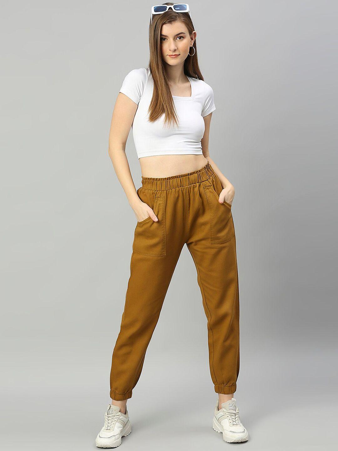 high star women rust pure cotton tapered fit high-rise joggers