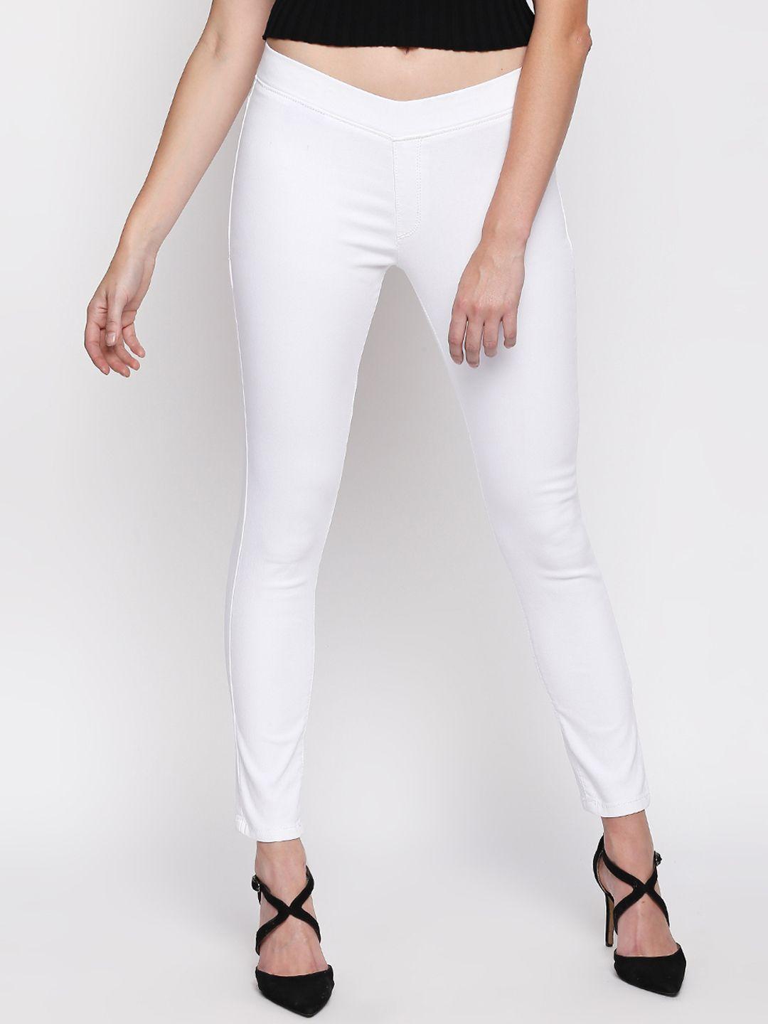 high star women white solid stretchable jeggings