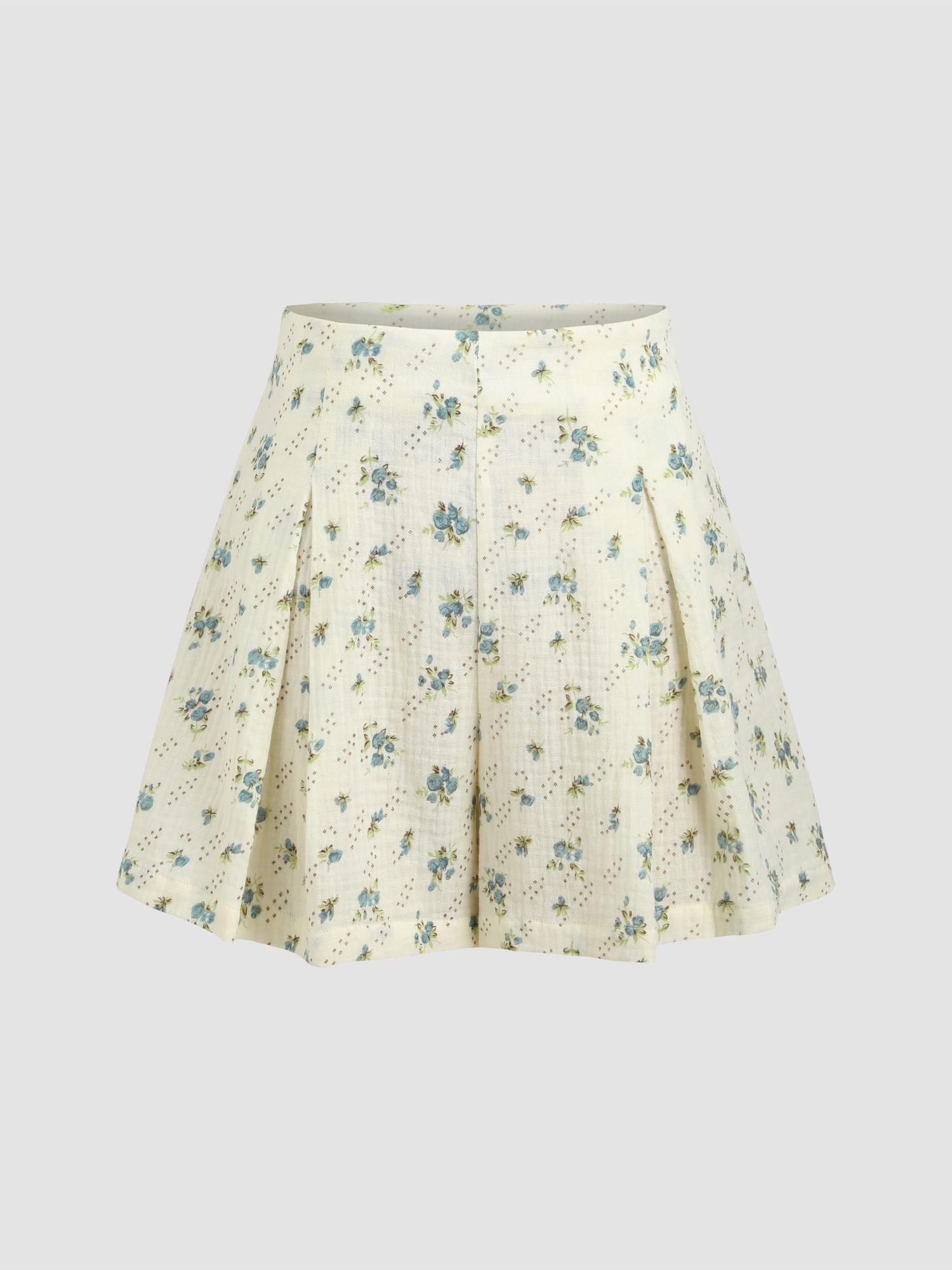 high waist floral pleated wide leg mini shorts