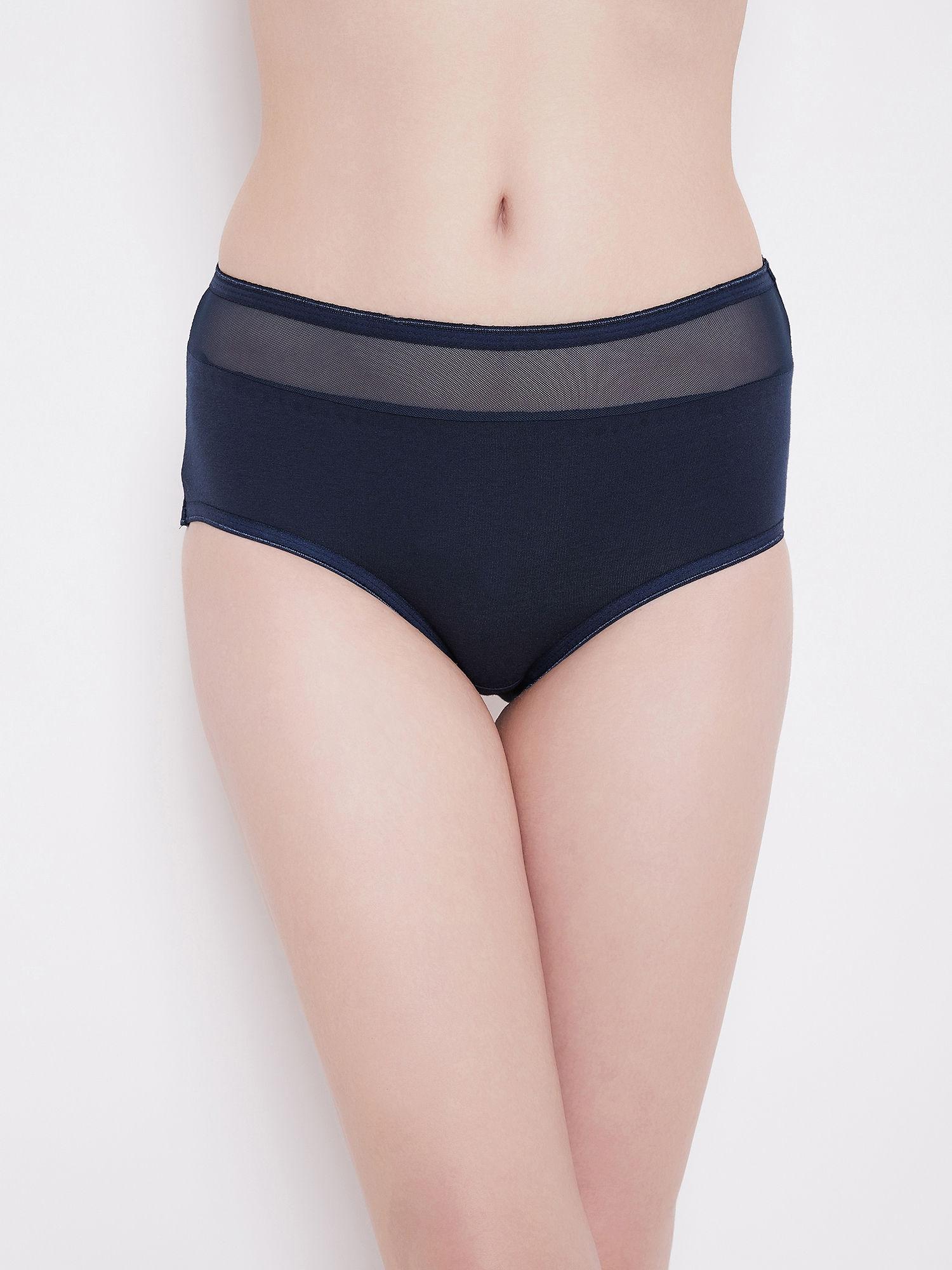 high waist hipster panty with sheer waist in navy blue - cotton